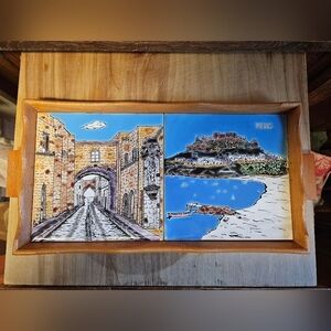 Vintage 60s Handmade Wooden Serving Tray with Inlaid Handpainted Ceramic Tiles